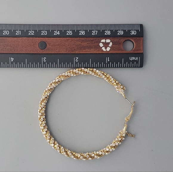 Goldtone Rhinestone Large Hoop Earrings - Picture 7 of 10